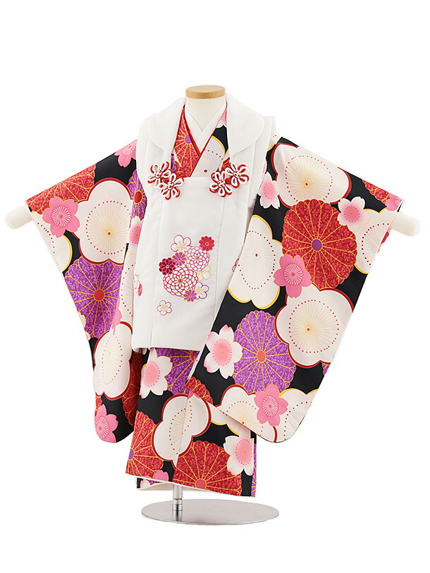 【レンタル】着物 七五三レンタル(3歳女児被布)4870 白花刺繍×黒地梅菊 3歳 被布 フルセット 女の子 お祝い着 正月 3才 女児 きものレンタル〔往復送料無料〕