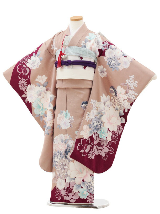 【賃借】御召しもの 七五三(7歳挙げ句の果て帯)Y560 モカベージュ ボルドーワイン 鞠 胸花 7歳 挙げ句の果て帯 フルセット うしろ帯 御祭り着 正月 7才 御嬢さん きもの賃借〔往復貨物輸送無料〕