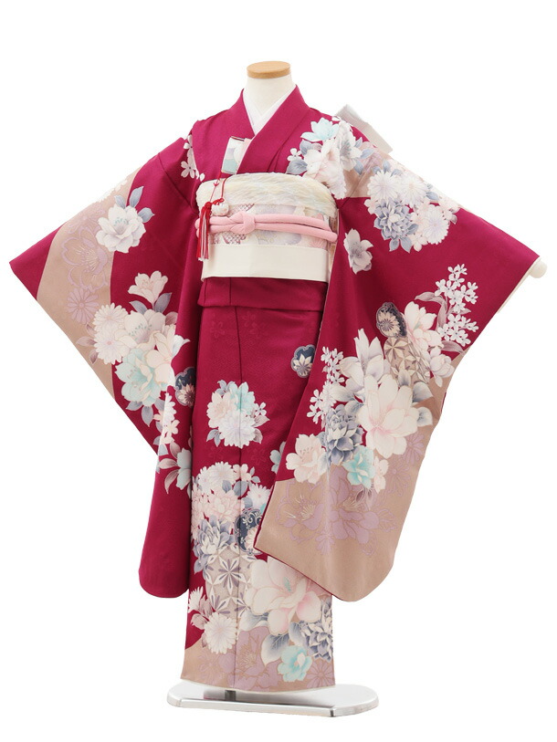 【賃借】お召しもの 七五三(7歳挙げ句の果て帯)Y562 パープルグレージュ 鞠 胸花 7歳 挙げ句の果て帯 フルセット 御姉さん 儀式用着 正月 7才 御嬢さん きもの賃借〔往復貨物輸送無料〕