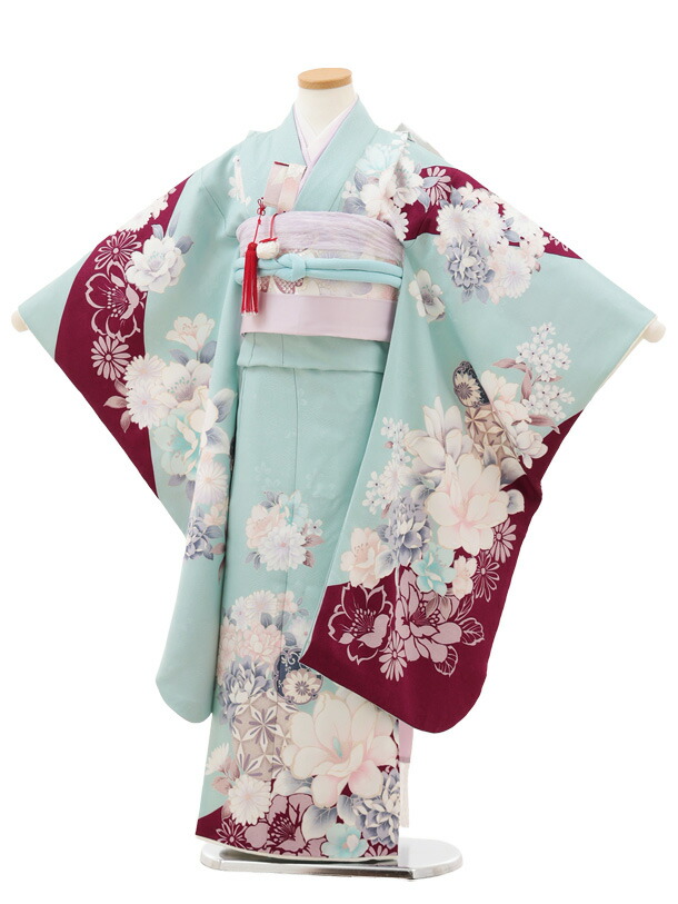 【賃借】御召しもの 七五三(7歳挙げ句の果て帯)Y565 ペールブルー ボルドーワイン 鞠 胸花 7歳 挙げ句の果て帯 フルセット うしろ帯 御祭り着 正月 7才 御嬢さん きもの賃借〔往復貨物輸送無料〕
