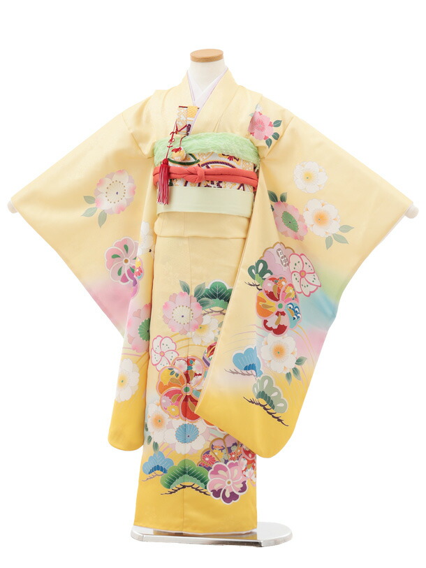 【賃借】お召しもの 七五三(7歳挙げ句の果て帯)Y574 黄色ぼかし 桜 7歳 挙げ句の果て帯 フルセット 御姉さん 儀式用着 正月 7才 御嬢さん きもの賃借〔往復貨物輸送無料〕