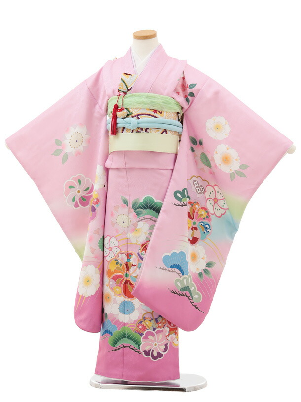 【賃借】お召しもの 七五三(7歳挙げ句の果て帯)Y586 サクラ色ぼかし 桜 7歳 挙げ句の果て帯 フルセット 御姉さん 儀式用着 正月 7才 御嬢さん きもの賃借〔往復貨物輸送無料〕