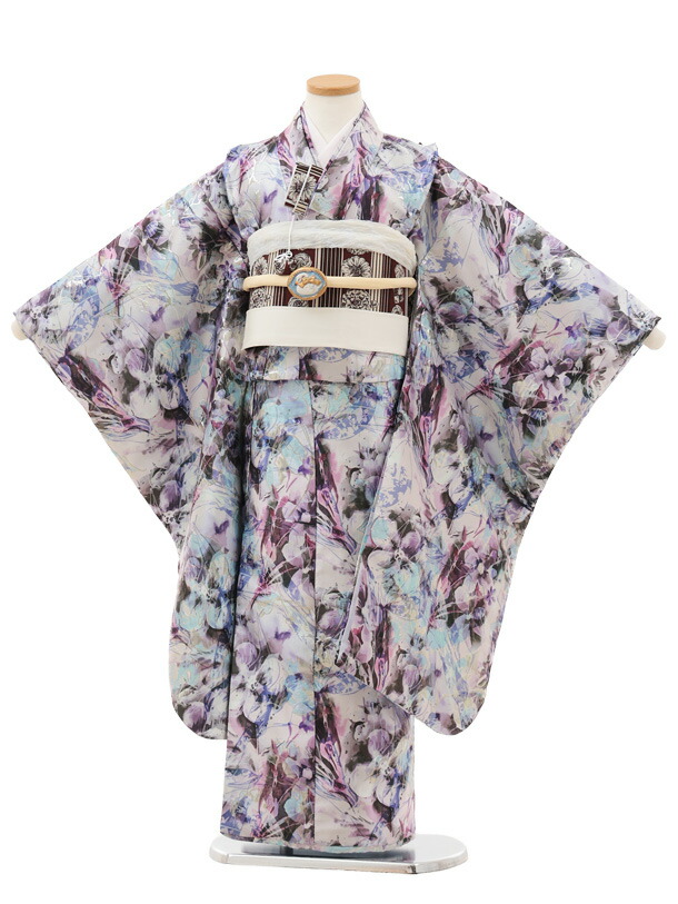 [Rental] Kimono for Shichi-Go-San (7-year-old girl with obi sash) Y610 Purple-blue with Western floral pattern, 7-year-old girl's celebratory wear, New Year's, 7-year-old girl's kimono rental [Free round-trip shipping]