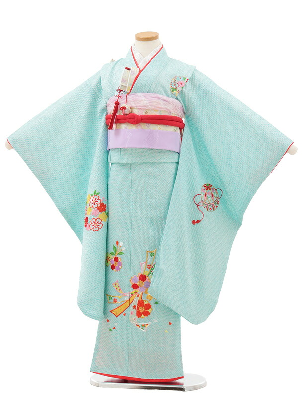 【レンタル】着物 七五三(7歳結び帯)Y619【正絹】水色 絞り刺繍 束ね熨斗に桜 7歳 結び帯 フルセット 女の子 お祝い着 正月 7才 女児 きものレンタル〔往復送料無料〕|京都かしいしょう