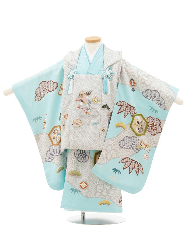 【レンタル】着物 七五三(3歳)O221【正絹】【ようよう】薄グレー疋田柄 刺繍鷹×水色 吉祥文様 3歳 被布 フルセット 男の子 お祝い着 正月 3才 男児 きものレンタル【往復送料無料】|京都かしいしょう