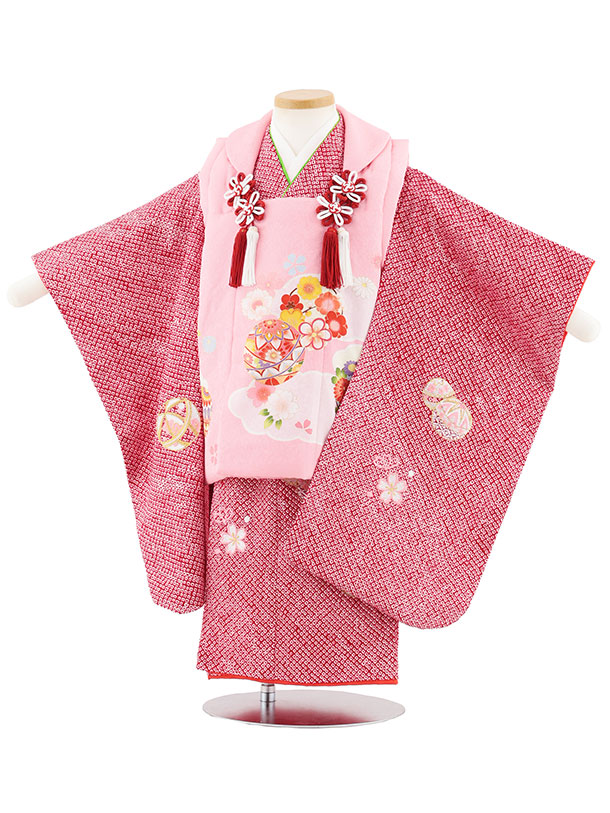 【レンタル】着物 七五三レンタル(3歳女児被布)S118【正絹】ピンク花鞠×赤絞り刺繍鞠 3歳 被布 フルセット 女の子 お祝い着 正月 3才 女児 きものレンタル【往復送料無料】|京都かしいしょう
