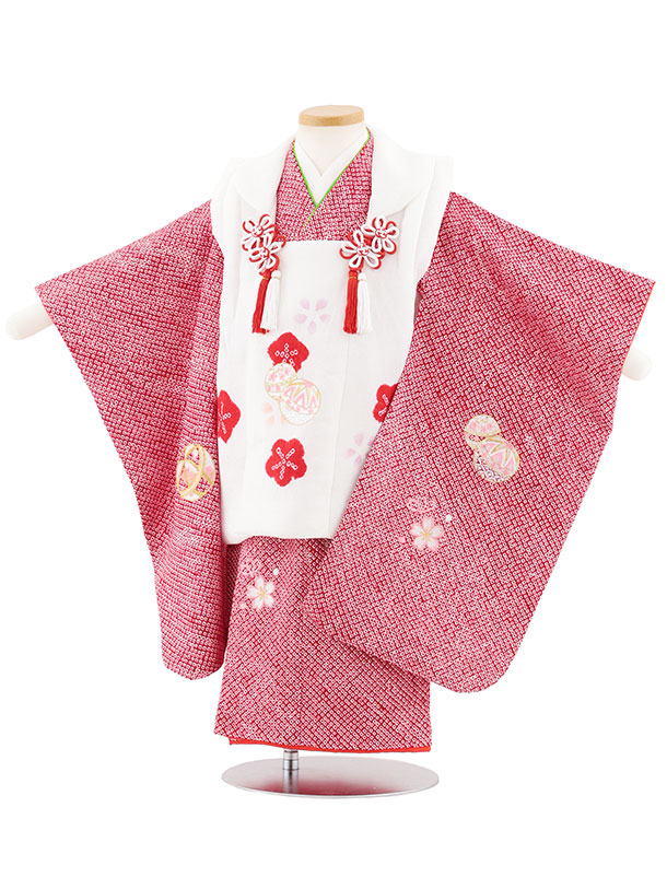 【レンタル】着物 七五三レンタル(3歳女児被布)S123【正絹】白刺繍ピンクまり&times;赤絞り刺繍まり 3歳 被布 フルセット 女の子 お祝い着 正月 3才 女児 きものレンタル【往復送料無料】｜京都かしいしょう