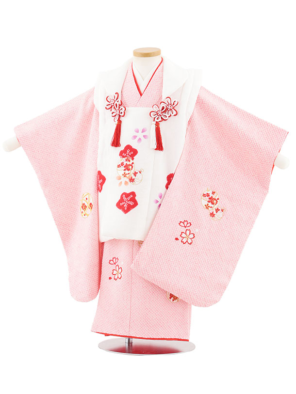 【レンタル】着物 七五三レンタル(3歳女児被布)S127【正絹】白刺繍赤鈴&times;ピンク絞り刺繍鈴 3歳 被布 フルセット 女の子 お祝い着 正月 3才 女児 きものレンタル【往復送料無料】｜京都かしいしょう