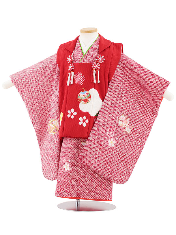 【レンタル】着物 七五三レンタル(3歳女児被布)S128【正絹】赤刺繍鈴&times;赤絞り刺繍鈴 3歳 被布 フルセット 女の子 お祝い着 正月 3才 女児 きものレンタル【往復送料無料】｜京都かしいしょう