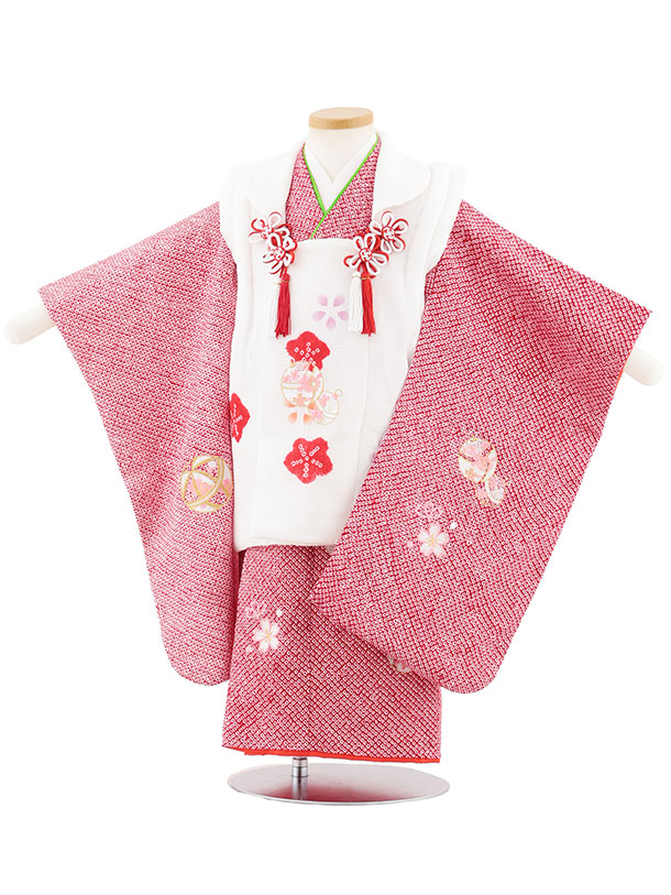 【レンタル】着物 七五三レンタル(3歳女児被布)S129【正絹】白刺繍ピンク鈴&times;赤絞り刺繍鈴 3歳 被布 フルセット 女の子 お祝い着 正月 3才 女児 きものレンタル【往復送料無料】｜京都かしいしょう