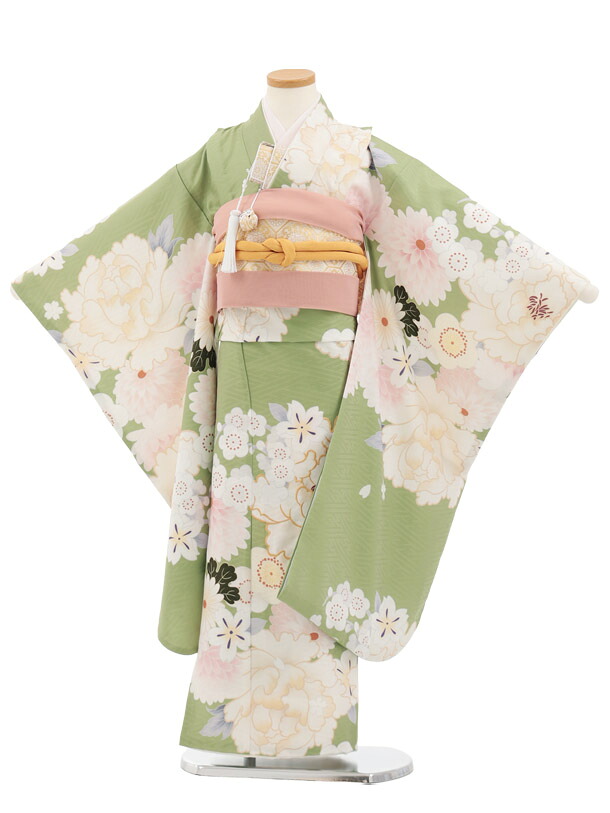 【レンタル】着物 七五三(7歳結び帯)Y736 ぷちぷり グリーン 芍薬 7歳 結び帯 フルセット 女の子 お祝い着 正月 7才 女児 きものレンタル【往復送料無料】｜京都かしいしょう