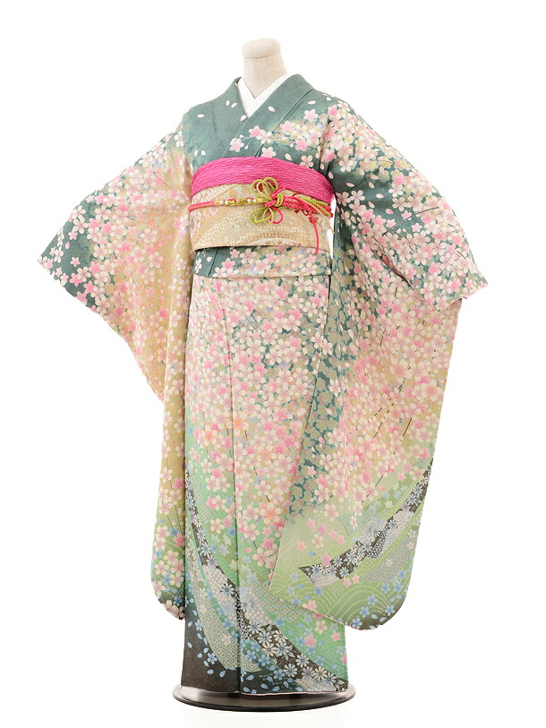【レンタル】【振袖】〔貸衣装〕振袖レンタルE070 グリーン総しだれ桜〔結婚〕〔卒業式〕〔フルセット〕〔rental〕〔振り袖〕【往復送料無料】【☆新品足袋プレゼント☆】【女性和服】【フリソデ furisode】【振り袖】〔振袖 セット〕(10P03Dec16)｜京都かしいしょう