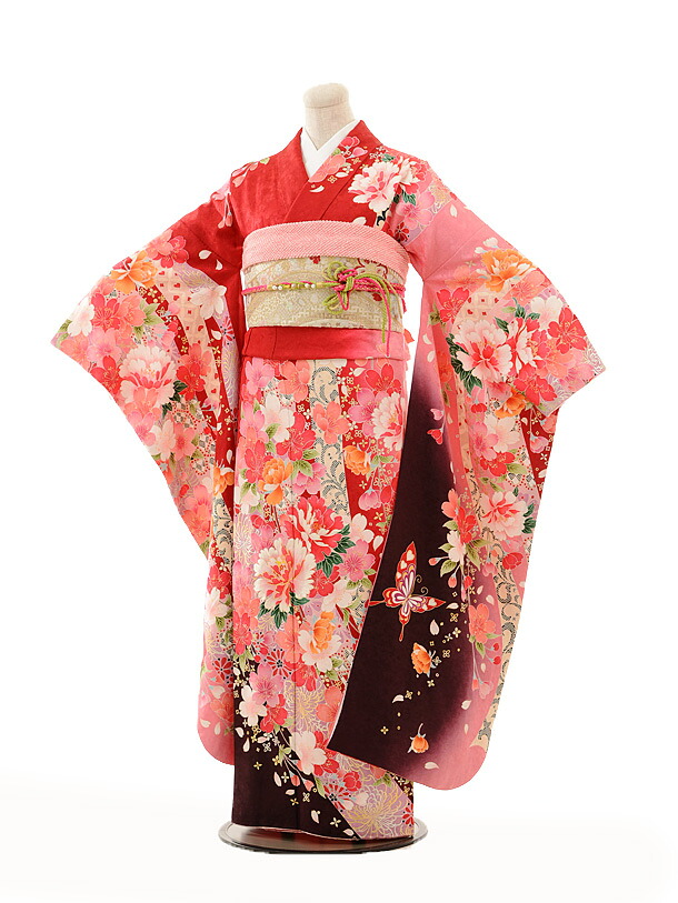 【レンタル】〔振袖〕〔貸衣装〕振袖レンタル152 赤ピンクぼかし花と蝶〔結婚〕〔卒業式〕〔フルセット〕〔rental〕〔振り袖〕〔往復送料無料〕〔新品足袋プレゼント〕〔女性和服〕〔フリソデ furisode〕〔振り袖〕〔振袖 セット〕｜京都かしいしょう