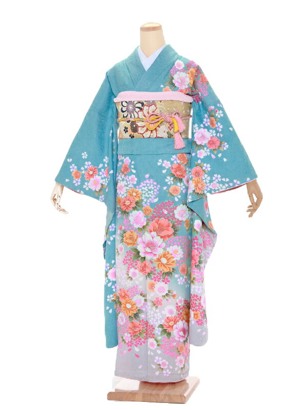 レンタル 153cm 168cm位 レンタル着物 卒業式 ふりそで フリソデ 振袖 振袖 レンタル409ブルー小花 結婚式 卒業式 フルセット ふりそで フリソデ 往復送料無料 新品足袋プレゼント 振そで レンタル 女性和服 振り袖 ふり袖