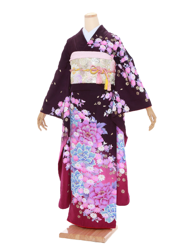 ◉成人式・振袖 「白地にブルー＆パープル桜」b250 身長 150〜168cm 振袖 レンタル フルセット 白地 金銀 菊 成人式 結婚式 着物