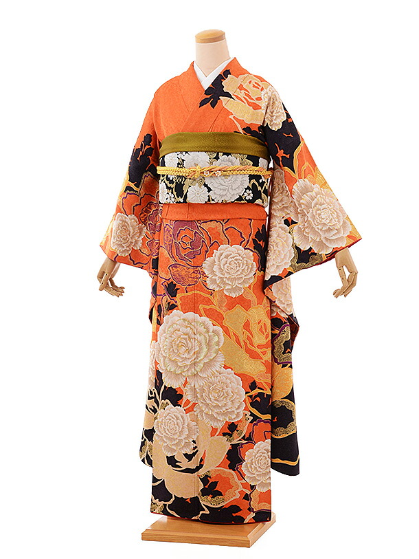 【レンタル】振袖レンタル 581 振袖レンタル581MURUA（ムルーア）オレンジ×ブラック〔フルセット〕【往復送料無料】【足袋プレゼント】/女性和服/ふりそで rental れんたる せいじんしき/振り袖/レンタル