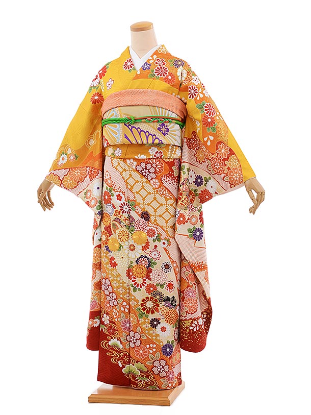 @S  振袖 フルセット 成人式 山本寛斎 黄土色 無地 S 振袖 フルセット 成人式 山本寛斎 黄土色 無地 振袖 フルセット 成人