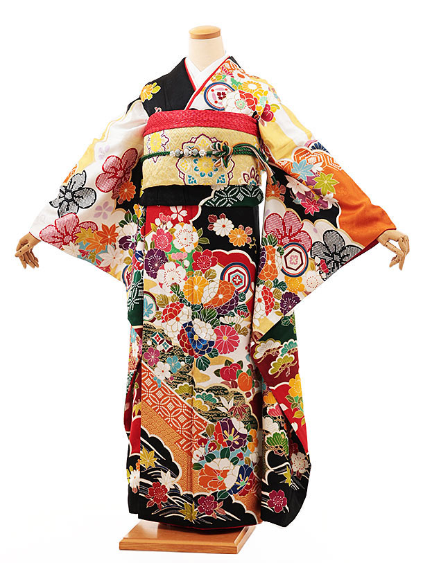【成人式 振袖 レンタル】成人式 振袖|成人式振袖レンタル|振袖 1307tall　黒地 桜 菊 椿(ﾄｰﾙｻｲｽﾞ)|☆新品足袋プレゼント☆|振袖レンタル|成人式 振袖|レンタル 振袖|正絹|振袖 セット|振袖フルセット|成人式 レンタル|rental|貸衣装|｜京都かしいしょう 25,404円