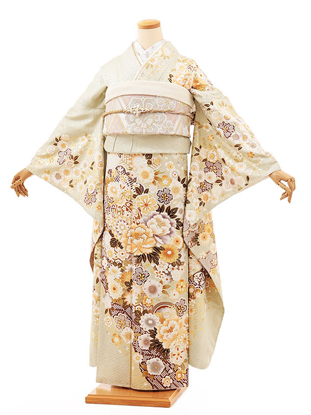 【 振袖 レンタル】振袖レンタル1308tall　ペールグリーン地 桜牡丹鈴(ﾄｰﾙｻｲｽﾞ)|☆新品足袋プレゼント☆|振袖レンタル| 振袖|レンタル 振袖|正絹|振袖 セット|振袖フルセット| レンタル|rental|貸衣装|