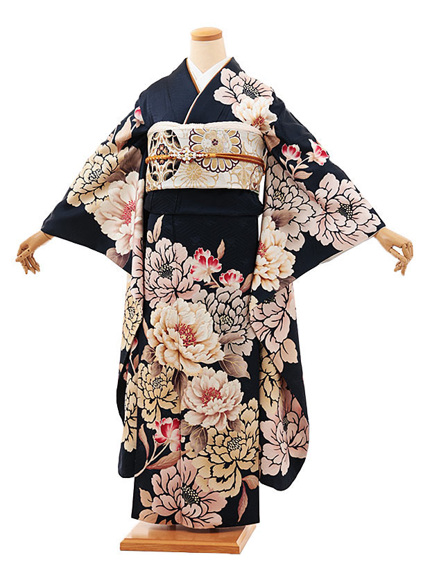 【 振袖 レンタル】振袖レンタル1319　紺地 牡丹|☆新品足袋プレゼント☆|振袖レンタル| 振袖|レンタル 振袖|正絹|振袖 セット|振袖フルセット| レンタル|rental|貸衣装|
