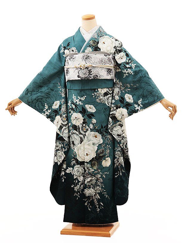 振袖　フルセット　辻が花　成人式　グリーン　ブラック　綸子　m5 振袖 フルセット 辻が花 成人式 グリーン ブラック 綸子 m5 振袖