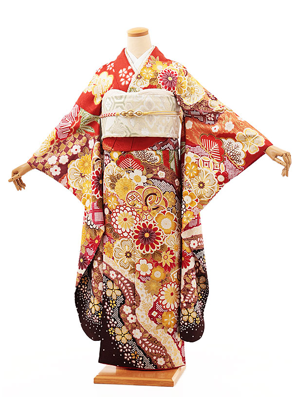【 振袖 レンタル】振袖レンタル1393　赤茶地 古典花|☆新品足袋プレゼント☆|振袖レンタル| 振袖|レンタル 振袖|正絹|振袖 セット|振袖フルセット| レンタル|rental|貸衣装|