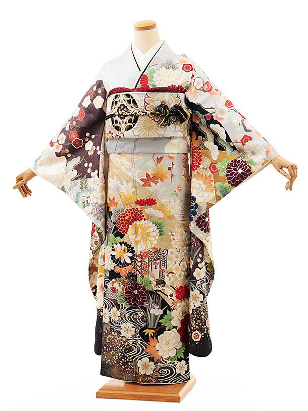 【 振袖 レンタル】振袖レンタル1397　薄グレー地 御所車 菊花|☆新品足袋プレゼント☆|振袖レンタル| 振袖|レンタル 振袖|正絹|振袖 セット|振袖フルセット| レンタル|rental|貸衣装|