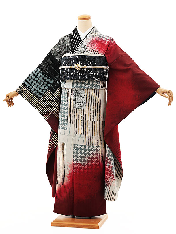 【 振袖 レンタル】振袖レンタル1441　JEANASIS アイボリーレッドパッチワーク|☆新品足袋プレゼント☆|振袖レンタル| 振袖|レンタル 振袖|振袖 セット|振袖フルセット| レンタル|rental|貸衣装|