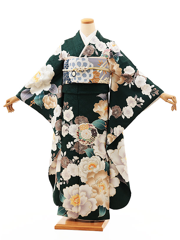 【 振袖 レンタル】振袖レンタル1453　深緑地 雪輪花|☆新品足袋プレゼント☆|振袖レンタル| 振袖|レンタル 振袖|正絹|振袖 セット|振袖フルセット| レンタル|rental|貸衣装| 21,754円