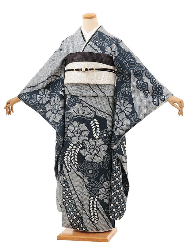【 振袖 賃借】振袖賃借1541 薄紺地 絞り 名取り草 藤|☆新品足袋差し上げ物☆|振袖賃借|振袖 書き割り|振袖フルセット| 賃借|rental|貸御召しもの|