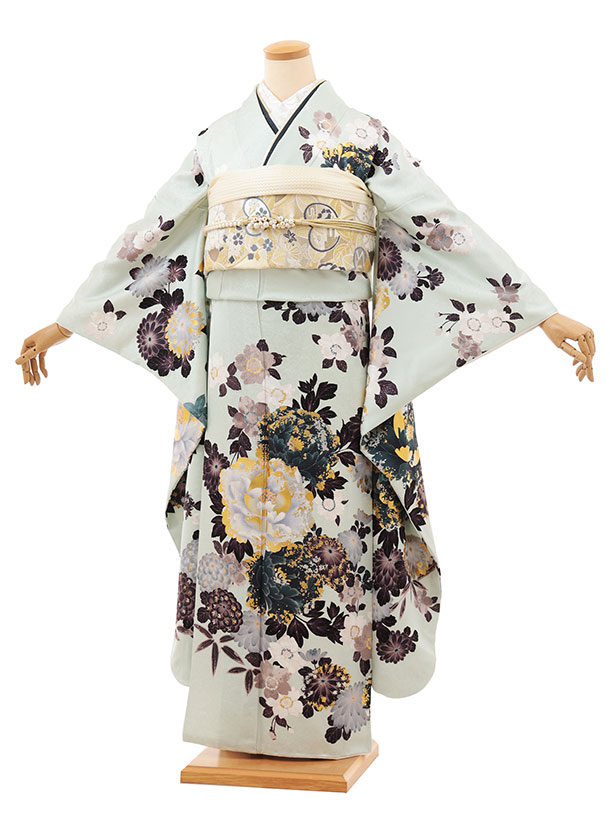 【 振袖 レンタル】振袖レンタル1542 薄ミント 桜牡丹|☆新品足袋プレゼント☆|振袖レンタル|振袖 セット|振袖フルセット| レンタル|rental|貸衣装||京都かしいしょう
