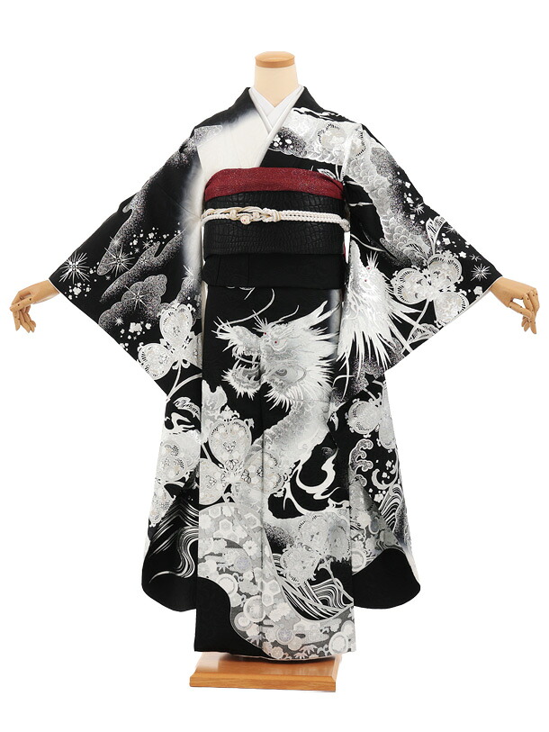 【 振袖 賃借】振袖賃借1561 モノクローム銀彩龍|☆新品足袋差し上げ物☆|振袖賃借|振袖 書き割り|振袖フルセット| 賃借|rental|貸御召しもの|