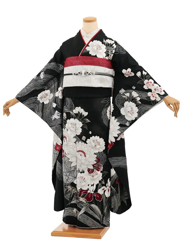 【 振袖 レンタル】振袖レンタル1586　黒地 花 銀彩|☆新品足袋プレゼント☆|振袖レンタル|振袖 セット|振袖フルセット| レンタル|rental|貸衣装|｜京都かしいしょう