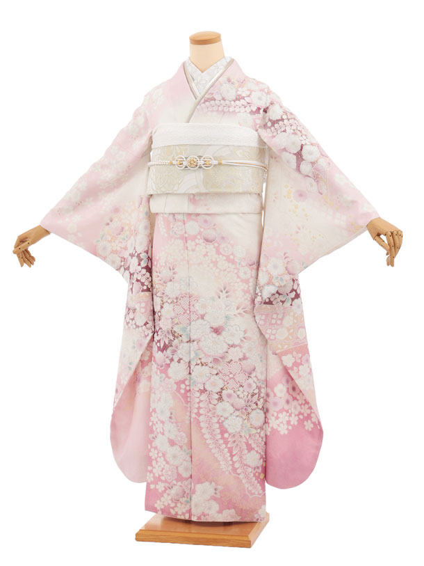 【 振袖 賃借】振袖賃借1599 サクラ色白ぼかしラメ 辻が花調|☆新品足袋差し上げ物☆|振袖賃借|振袖 仕掛ける|振袖フルセット| 賃借|rental|貸お召しもの|