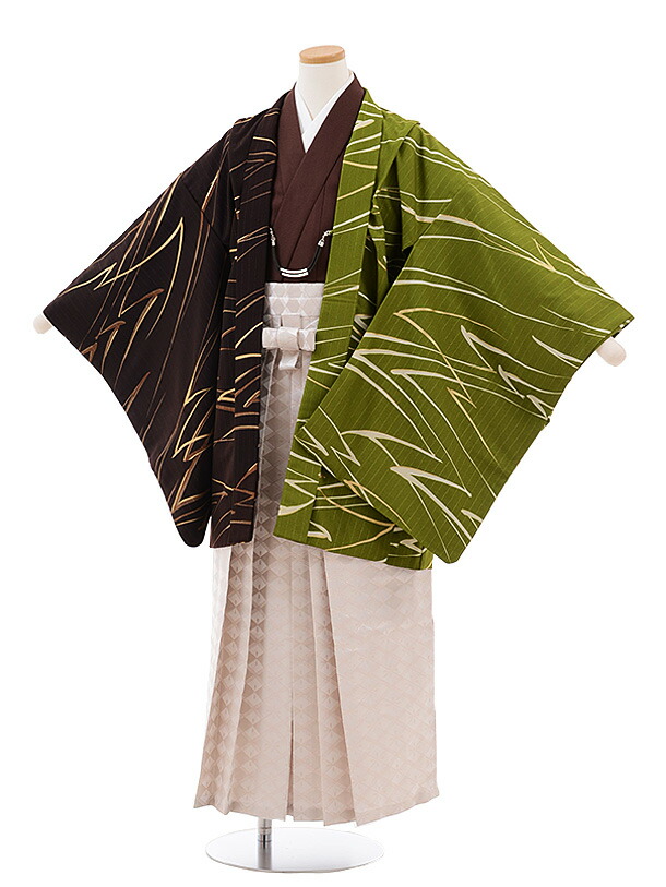 卒業式 袴 レンタル 男の子 小学生 卒業式 袴セット Z048 JAPANSTYLE 茶グリーン×茶ベージュラメ菱袴 12歳 男児 小学校の卒業式 袴レンタル 男の子 小学校卒業式 着物レンタル 往復送料無料 新品足袋プレゼント【レンタル】