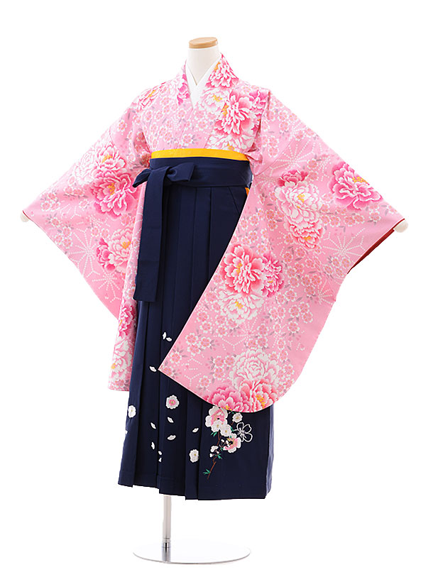 【賃借】【卒式袴仕掛ける 小学生】小学生卒式袴賃借（御姉さん）9774 サクラ色地桜ぼたん×紺袴|袴賃借初等学校卒式|卒式袴仕掛ける小学生|初等学校卒式|袴仕掛ける|小学生卒式袴御姉さん|往復貨物輸送無料|☆新品足袋差し上げ物☆