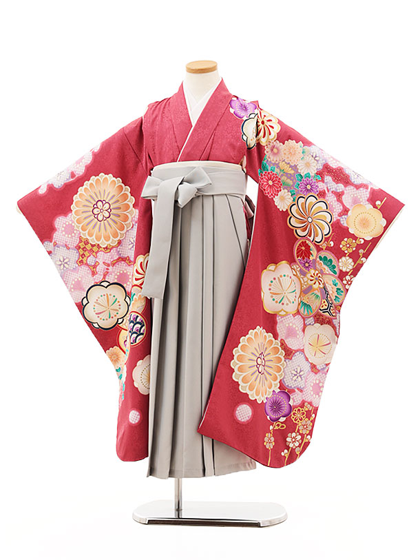 【賃借】御嬢さん袴賃借(7歳)Y333 サクラ色サクラ色 ねじり梅菊×ｸﾞﾚｰ袴 7歳御姉さん 七五三 袴 儀式用着 卒園式 卒式 7才 きもの賃借〔往復貨物輸送無料〕