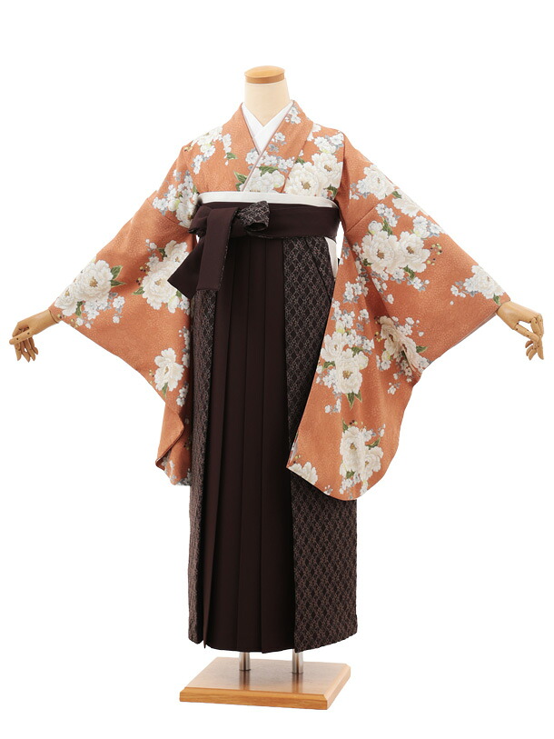 卒業式袴セット 小学生 ジュニア袴 卒業式袴レンタル 女の子 小学生袴(女の子)Z664 Heather アプリコット牡丹×ブラウンレース 袴レンタル 卒業式 卒業袴 十三参り 女児 12歳 12才 新品足袋プレゼント 往復送料無料【レンタル】