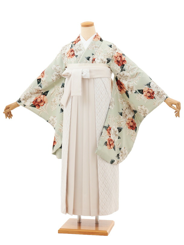 卒業式袴セット 小学生 ジュニア袴 卒業式袴レンタル 女の子 小学生袴(女の子)Z666 Heather ペールグリーン花×アイボリーレース 袴レンタル 卒業式 卒業袴 十三参り 女児 12歳 12才 新品足袋プレゼント 往復送料無料【レンタル】