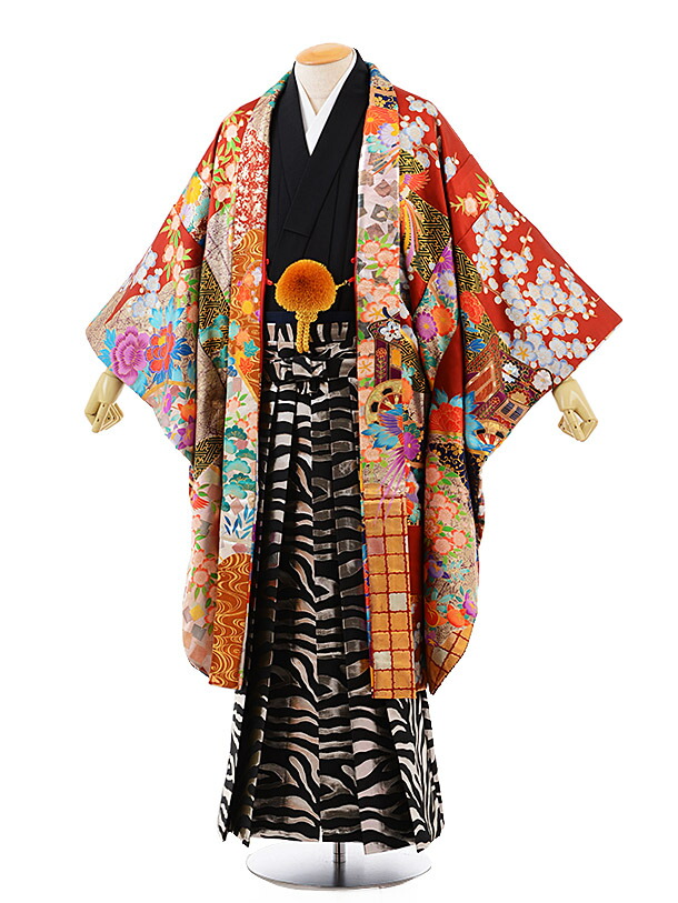 最終値下げ 和服 正月 二十歳 男性着物 袴レンタル 着物レンタル 羽織袴レンタル 往復送料無料 フルセット メンズ袴 紋服 黒地に風 御所車に牡丹 赤 Men0069 男性用袴 成人式レンタル 男袴 紋付き袴 レンタル 成人式 レンタル 1月 着物セット Kadino Co