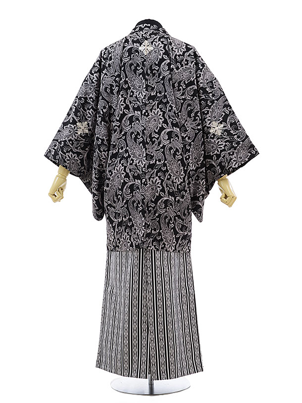 21春の新作 男性袴 レンタル レンタル 紋付き袴 成人式 男性用袴レンタル1af0184 黒地 ペイズリーx白黒縞袴 Ll 175 180 成人式 袴 男 結婚式 メンズ袴 新郎袴 フルセット Pe03 Gr