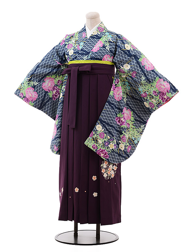 卒業式 袴 レンタル 女 レトロ モダン 女性 レンタル 女袴レンタル h127 紺 緑 花×パープル袴 卒業式袴セット 着物 レンタル 二尺袖 着物 袴 フルセット 女性 大人 大学生 専門学生 卒業式 謝恩会 新品足袋プレゼント 往復送料無料【レンタル】