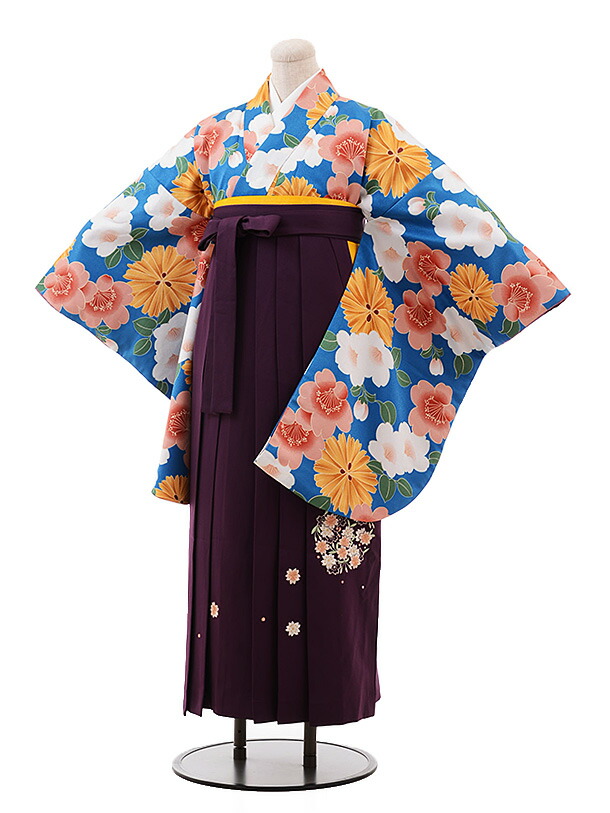 卒業式 袴 レンタル 女 レトロ モダン 女性 レンタル 女袴レンタル h149 ブルー地 花×パープル袴 卒業式袴セット 着物 レンタル 二尺袖 着物 袴 フルセット 女性 レディース 大人 大学生 専門学生 卒業式 謝恩会 新品足袋プレゼント 往復送料無料【レンタル】