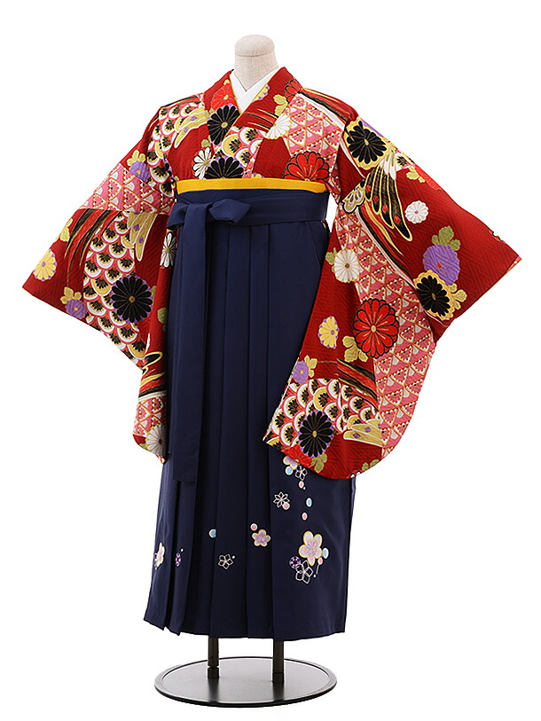 卒業式 袴 レンタル 女 女性 レンタル 卒業袴レンタル ふくよかサイズ　h196 赤地 菊 古典×紺袴　卒業式袴セット 着物 レンタル 二尺袖 着物 袴 フルセット 女性 大人 大学生 専門学生 卒業式 謝恩会 新品足袋プレゼント 往復送料無料【レンタル】