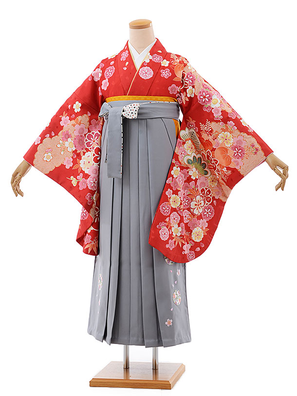 卒業式 袴 レンタル 女 女性 レンタル 卒業袴レンタル h467 赤地 桜×グレー袴 卒業式袴セット 着物 レンタル 二尺袖 着物 袴 フルセット 女性 大人 大学生 専門学生 卒業式 謝恩会 新品足袋プレゼント 往復送料無料【レンタル】