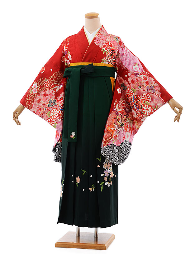 卒業式 袴 レンタル 女 女性 レンタル 卒業袴レンタル h492 赤地 蝶々まり×グリーンぼかし袴 卒業式袴セット 着物 レンタル 二尺袖 着物 袴 フルセット 女性 大人 大学生 専門学生 卒業式 謝恩会 新品足袋プレゼント 往復送料無料【レンタル】