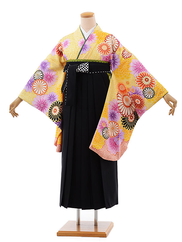 卒業式 袴 レンタル 女 女性 レンタル 卒業袴レンタル h498 黄色地 菊×黒袴 卒業式袴セット 着物 レンタル 二尺袖 着物 袴 フルセット 女性 大人 大学生 専門学生 卒業式 謝恩会 新品足袋プレゼント 往復送料無料【レンタル】