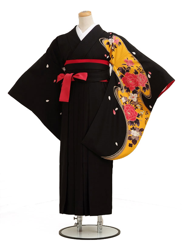 卒業式 袴 レンタル 女 レトロ モダン 女性 女袴レンタルh008黒地に黄流水花 卒業式袴セット 着物 レンタル 二尺袖 着物 袴 フルセット 女性 レディース 大人 大学生 専門学生 卒業式 謝恩会 新品足袋プレゼント 往復送料無料【レンタル】(10P03Dec16)