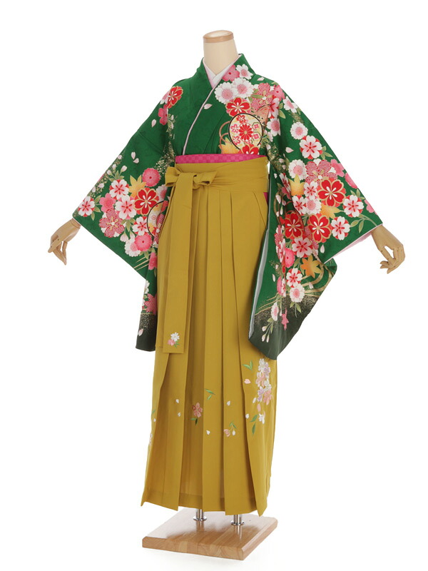 卒業式 袴 レンタル 女 女性 レンタル 卒業袴レンタル h313 グリーン 花と鼓 x からし袴 卒業式袴セット 着物 レンタル 二尺袖 着物 袴 フルセット 女性 大人 大学生 専門学生 卒業式 謝恩会 新品足袋プレゼント 往復送料無料【レンタル】