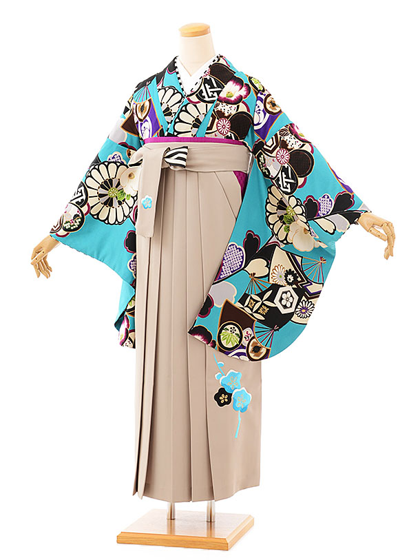 卒業式 袴 レンタル 女 女性 レンタル 卒業袴レンタル h713 JAPANSTYLE ターコイズ扇面に菊xモカ袴 ブランド 卒業式袴セット 着物 レンタル 二尺袖 着物 袴 フルセット 女性 大人 大学生 専門学生 卒業式 謝恩会 新品足袋プレゼント 往復送料無料【レンタル】